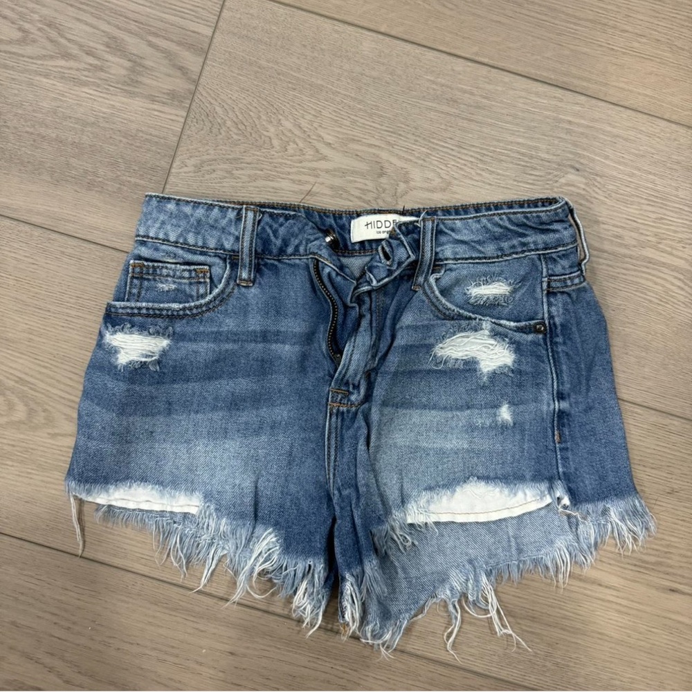 Mido Blue Jean Shorts with Distressed Frayed Hem